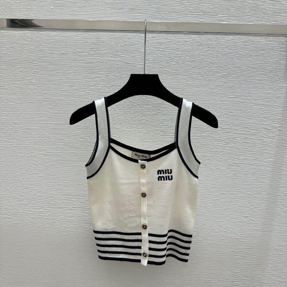 Miu Miu Cream Knit Tank with Black Trim & Striped Hem